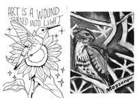 A thumbnail of page 2 of the Art Matters Zine 1, featuring two black and white artworks. The left features an outlined illustration of a hummingbird on a sunflower. The right is a grayscale illustration of a bird of prey perched on a branch.