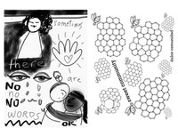 A thumbnail of Art Matters Zine 2 featuring two illustrations. The one on the left is a grayscale work with multiple depictions of people and parts of the body including a hand and eyes. The right are various black outlined illustrations of honeycomb and bees.