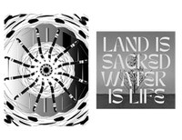 A thumbnail of Art Matters Zine 3 featuring two illustrations. The left is a grayscale illustration of various shapes with a primary design of a circle in the center with black "spokes" around the edges. The right design is a grayscale photograph of a lone tree in a barren desert with the text "Land is Sacred Water is Life" on top.
