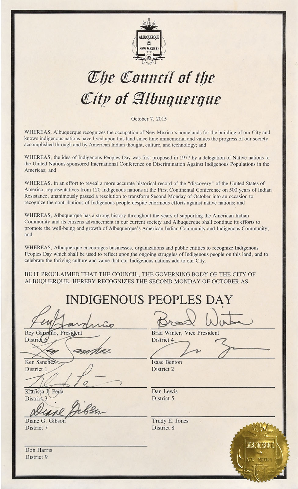 City of Albuquerque Proclamation on Indigenous Peoples’ Day