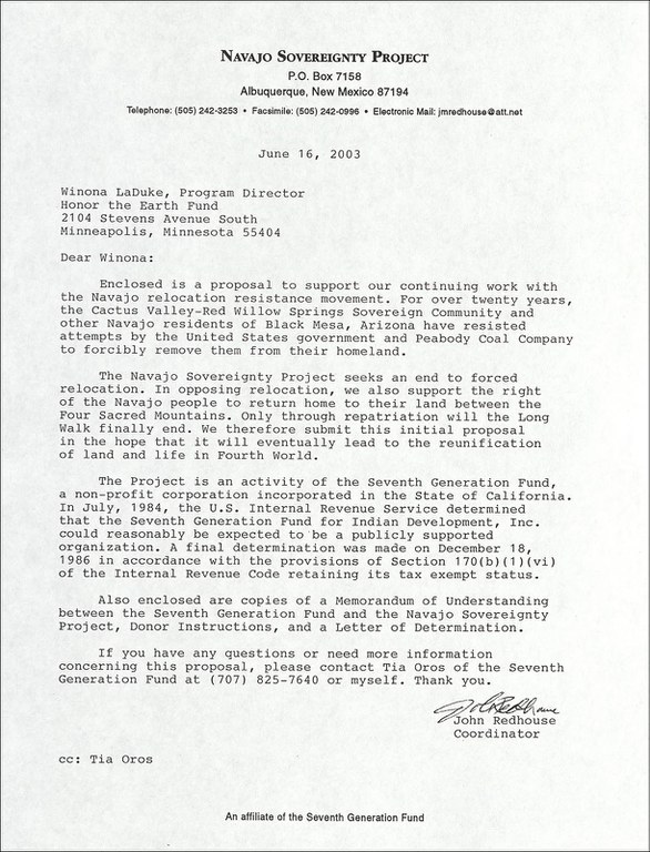 Letter from John Redhouse to Winona LaDuke