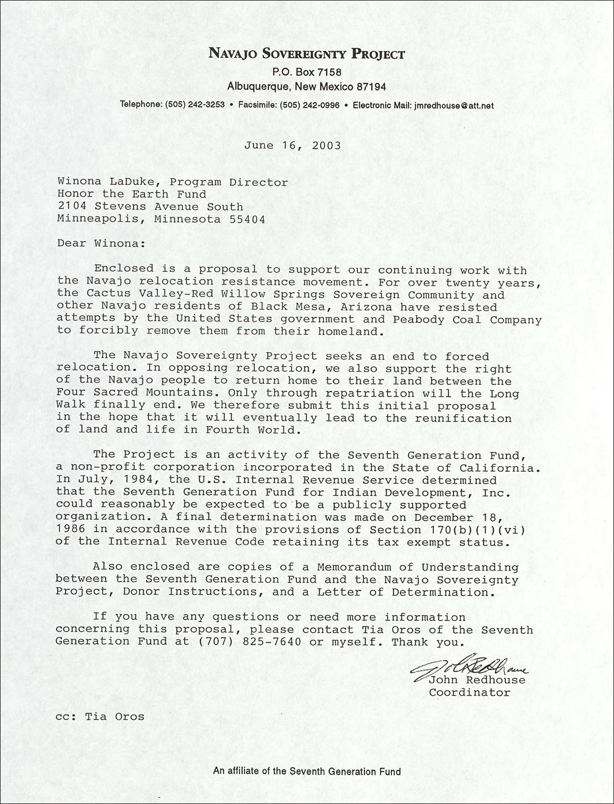 Letter from John Redhouse to Winona LaDuke