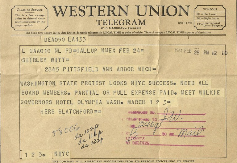 Telegram from Herb Blatchford to Shirley Witt