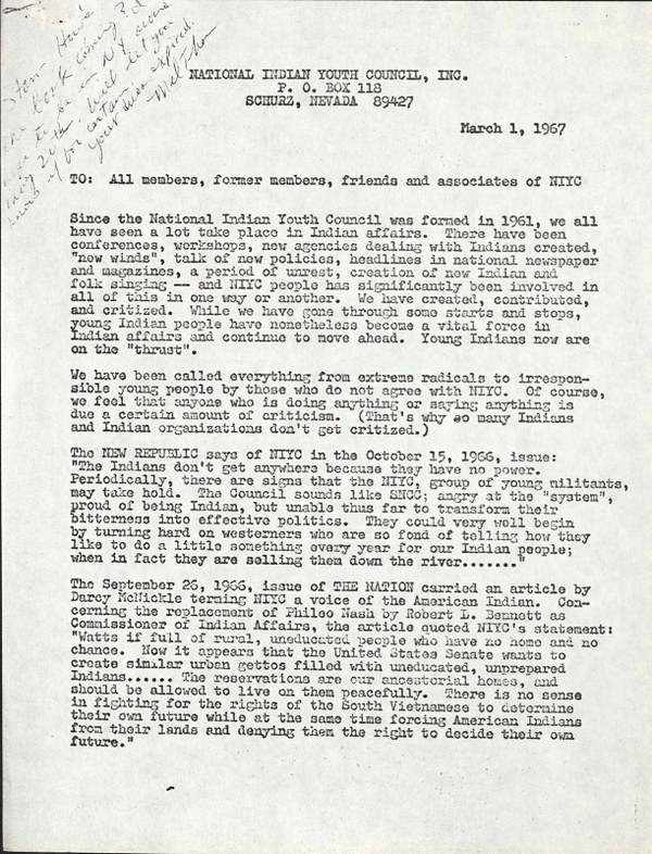 Letter to Members of the National Indian Youth Council, with a Personal Note to Stan Steiner Seven Generations 2020