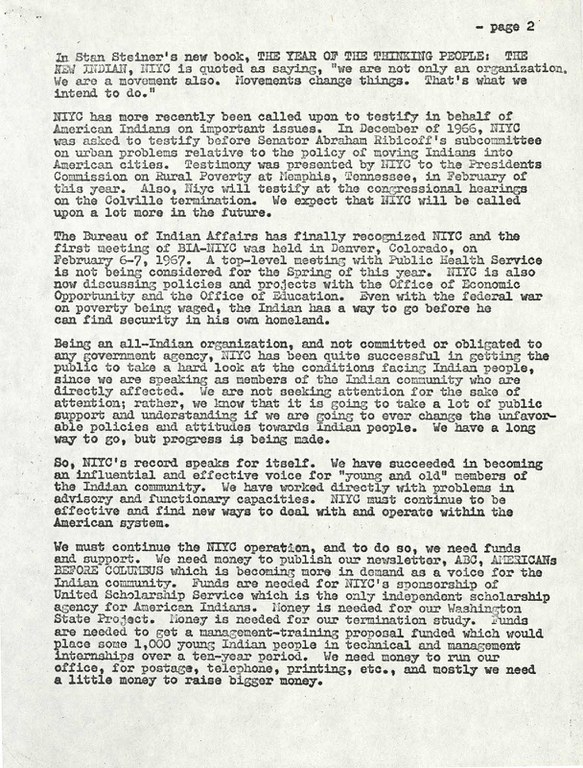 Letter to Members of the National Indian Youth Council, with a Personal Note to Stan Steiner, page 2