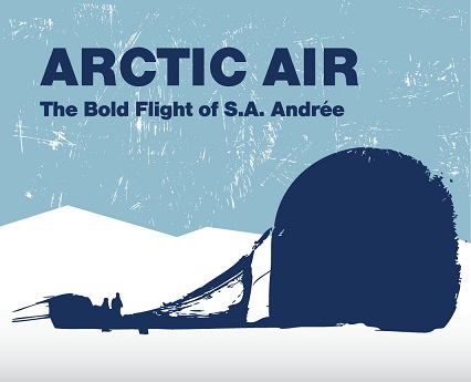 A poster for the Arctic Air exhibition featuring a simple, solid-toned illustration of a downed hot air balloon on its side in the snow.