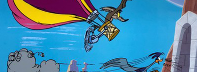 A cropped segment of an illustration by Chuck Jones of the cartoon characters Wile E. Coyote and the Road Runner. Wile E. Coyote is chasing Road Runner in a hot air balloon with a fan attached to the basket. The Road Runner is about to enter a tunnel.