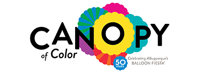 The Canopy of Color exhibition logo, featuring colorful circles representing the tops of hot air balloons arranged around the "O" in Canopy, and the following text: Canopy of Color, Celebrating Albuquerque's 50 Years of Balloon Fiesta.