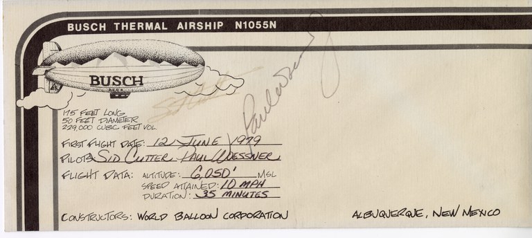 Signed cover, or “balloon mail” from the Busch Beer thermal airship inaugural flight, June 12, 1979. Courtesy of Sid Cutter Estate