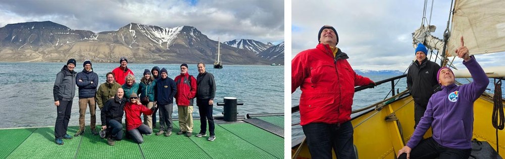 BM-Polar Expedition(LOG-6-15-26)-A-web50 Two photos: Image one is group photo of the Polar Expedition team with their boat The Meander arriving in the background. Image two shows three crew members inside the boat with one pointing up.