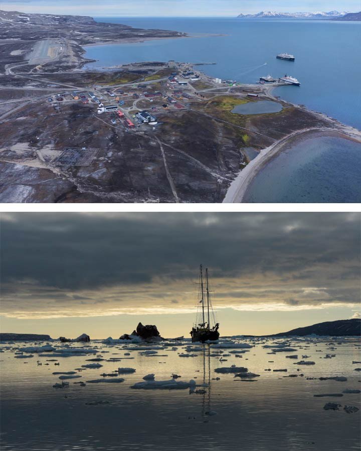 BM-Polar-Expedition(LOG-6-20-26)-web45a Two images displayed together to show both land and ocean. One is an arial view of Ny-Ålesund, Norway with no snow. The other shows the ship the Meander on the open arctic waters with small pieces of floating ice with dark clouds overhead and a low sun.