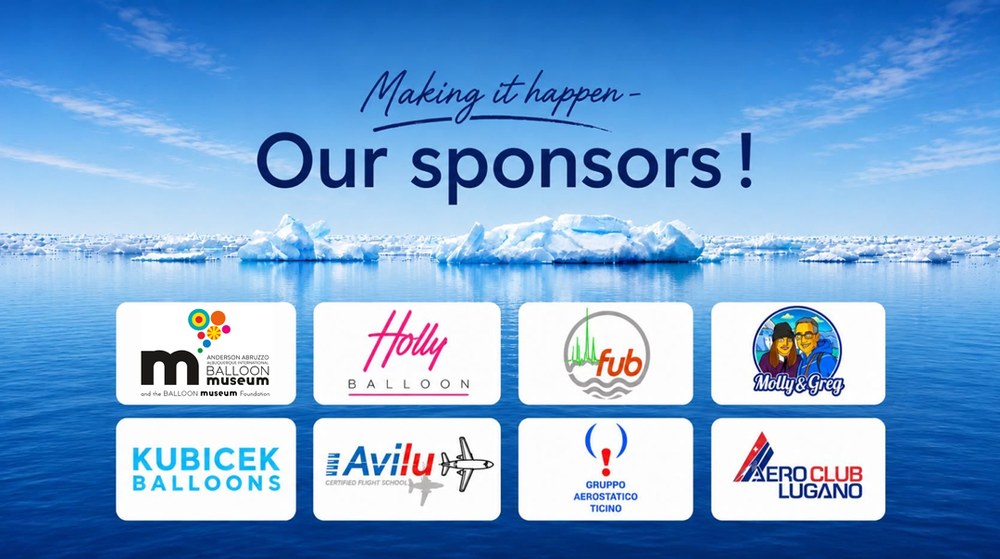 Logos of the sponsors: the Balloon Museum, the Balloon Museum Foundation, Holly Ballon, Fub, Molly and Greg Winker, Kubicek Balloons, Avilu Certified Flight School, Gruppo Aerostatico Ticino, Aero Club Lugano.