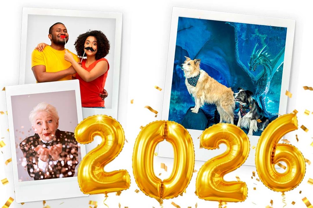 2026 New Years Before Dark with dogs Albuquerque City officials and Balloon Museum leadership use gold painted shovels to break ground as a rainbow of color smoke explodes above them. Alongside them local parents with their kids also hold shovels to break ground at the Outdoor Balloon Adventure site.