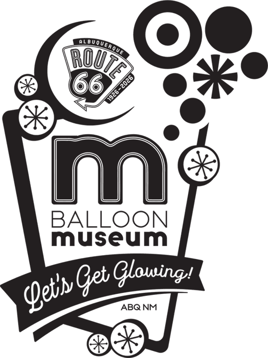 A black and white retro style logo highlighting both Route 66 and the Balloon Museum