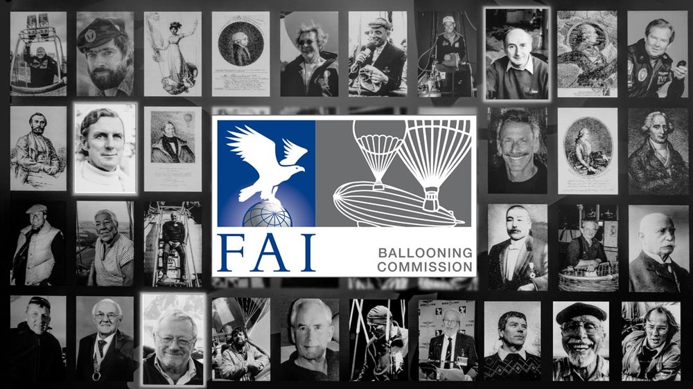 Collage of portraits featuring various members of the Hall of Fame. In the center is the FAI and CIA logo.