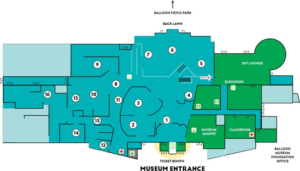 Floor plan of the Balloon Museum that goes with the keys below.
