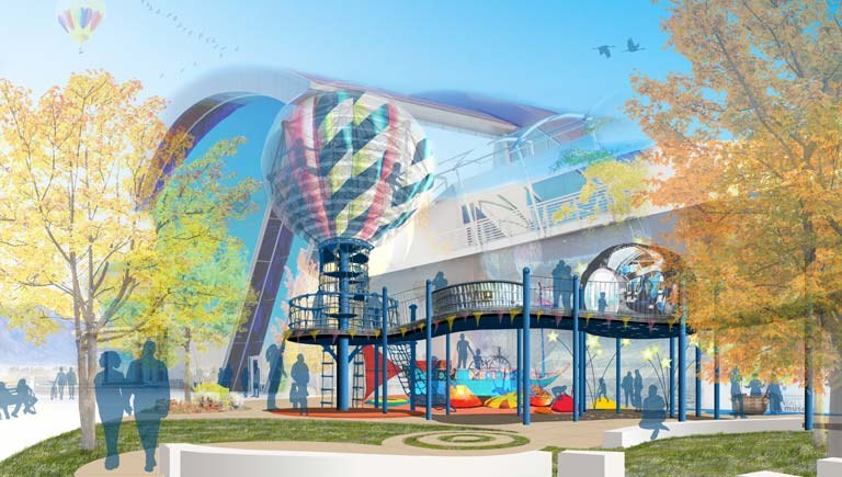A digital rendering of the future Outdoor Balloon Adventure space with two levels, a balloon to play inside and a boat at the bottom.