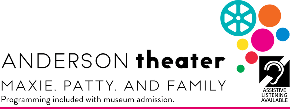 Anderson Theater with the Balloon Museum's color bubbles paired with the Assisted Hearing symbol