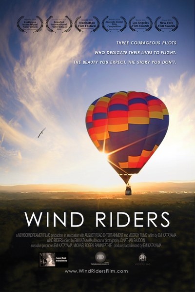 Movie poster for the film Wind Riders showing a balloon flying as the sun comes up in the background