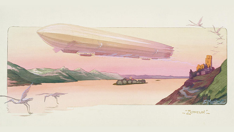An artwork in pale pinks, yellows, and greens featuring a blimp aircraft flying over a large lake with strokes in flight in the bottom left corner and top right corner.