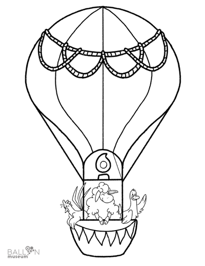 A black and white illustration of a hot air balloon with farm animals in the basket.
