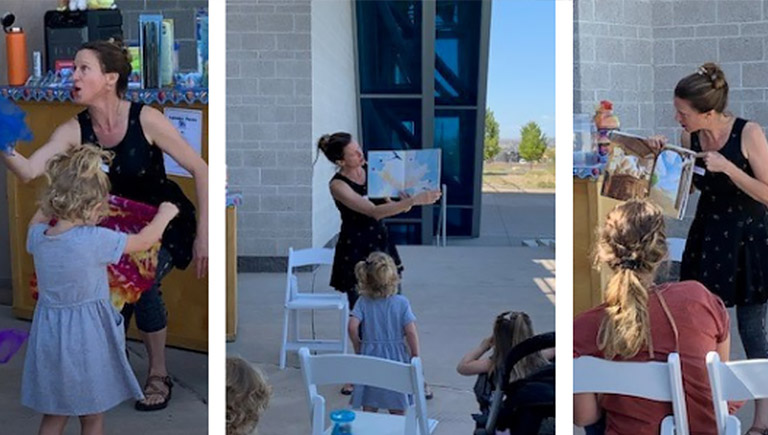 A collage of three photos featuring the same woman leading the Stories and Music in the Sky program. In two photos she is holding a book and animatedly gesturing. In the third she is holding a craft object. In the foreground in all three small children can be seen watching her presentation.