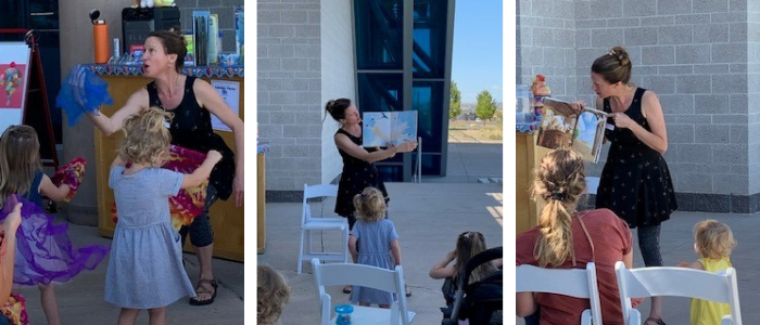 A three photo collage of a woman and children interacting during a Stories and Music in the Sky episode at the Balloon Museum.