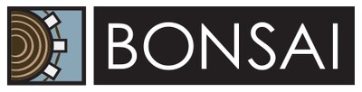Logo for Bonsai Design featuring the word Bonsai in all capital letters and a simple illustration that looks like a tree stump from above ringed with white square posts and a line connecting them on a light blue background