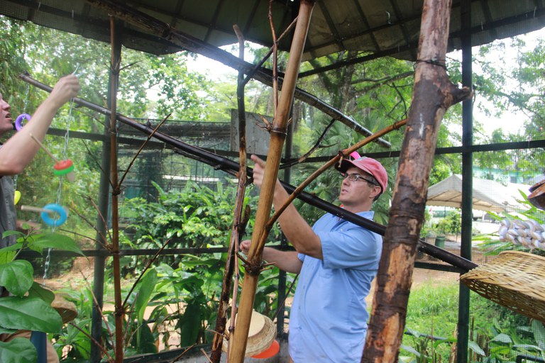 Chaz Moxley hanging some bird enrichment at Zoo National d'Abidjan during the 2017 trip.