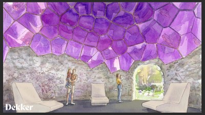 An artist's rendering of the design concept for the Children's Fantasy Garden that shows people walking through the giant pumpkin, now converted to a dark pink geode