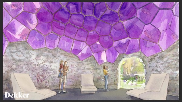 An artist's rendering of the design concept for the Children's Fantasy Garden that shows people walking through the giant pumpkin, now converted to a dark pink geode