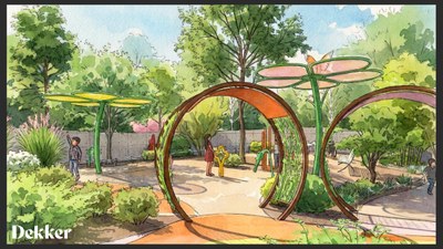 An artist's rendering of the design concept for the Children's Fantasy Garden that shows large flowers and arches and other interactive features
