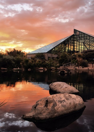 The ABQ BioPark conservatory at the Botanic Garden is pictured at sunset with a pond and two large rocks in the foreground reflecting the vibrant pink and orange light of the sunset.