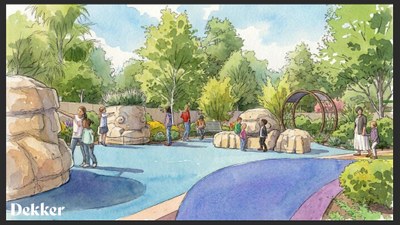 An artist's rendering of the design concept for the Children's Fantasy Garden that shows a section with large stone trolls emerging from the ground