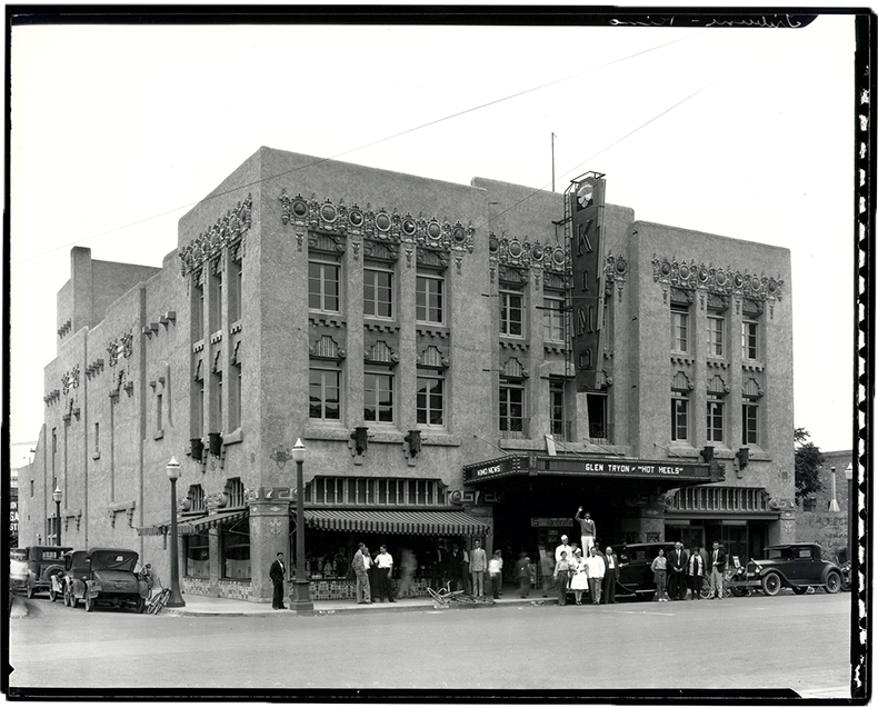 A photo taken in 1930 showing the recently constructed KiMo Theatre from across the street.