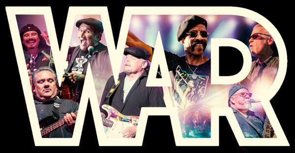Collage of musicians performing live, creatively arranged within bold letters spelling 'WAR'.