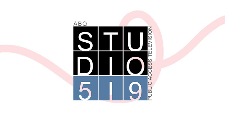 The Studio 519 logo, which is designed using black squares with white text in a three by two grid for Studio and blue squares in a 3 by 1 grid for 519. There is a faded red line design in the background that forms one loop right behind the logo.