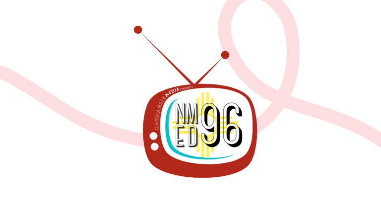 The New Mexico Education Channel logo, featuring a retro television shape with rounded corners, two dials, and a two-pronged antenna sticking out of the top. On the screen area is the text NM ED 96. There is a faded red line design in the background that forms one loop right behind the logo.