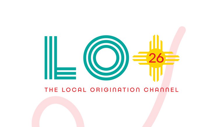 Local Organization Channel 26 logo, featuring a Zia symbol as the background for the 26. The L and the O are in a teal color and a font that uses three parallel lines for each part of the character. There is a faded red line design in the background that forms one loop right behind the logo.
