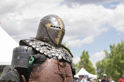 Close-up of an SCA knight wearing a helmet