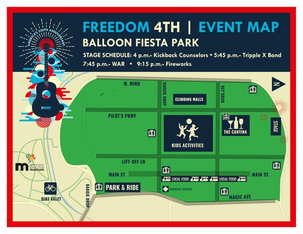 Freedom 4th Event Map Balloon Fiesta Park showing event zones including stage, kids activities, climbing walls, cantina, and food areas.