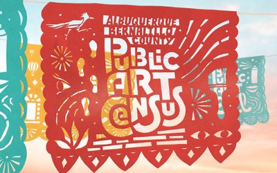 Papel picado inspired graphic image with cut out symbols and text that reads "Albuquerque Bernalillo County Public Art Census."
