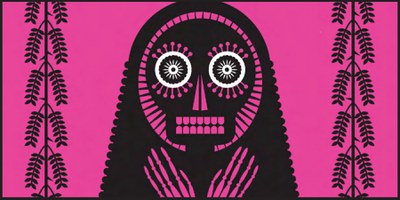 Screen print image of a skeletal figure against a pink background by Luis Fitch.