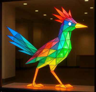 Mock up of an illuminated, multi-colored sculpture of a roadrunner.