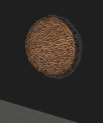 Mock up of a lit spherical sculpture made of natural materials ( piñon and juniper branches).