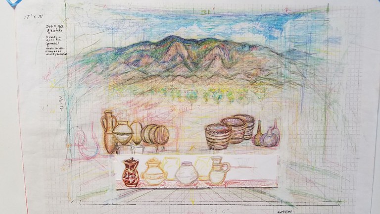 Sketch of Albuquerque Convention Center Fresco for curved wall of mountain landscape. Image links to a www.visitalbuquerque.org article about Frederico Vigil and the Fresco Project.