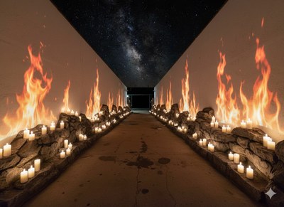 Mock up of an art installation of a candlelit passageway. 