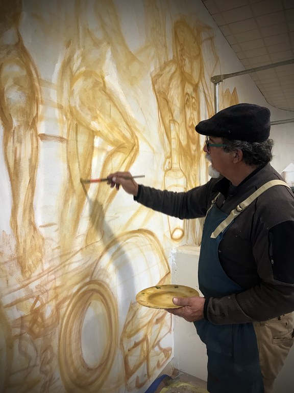 Image of artist Frederico Vigil working on the Sinopia stage of the Fresco Project.