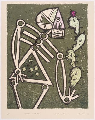 Lithograph print of a skeleton eating nopales. 