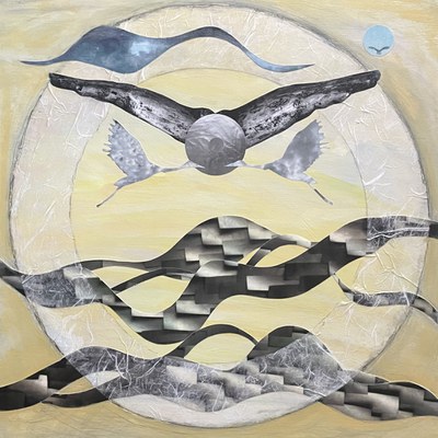 Mixed media artwork with a pale yellow, circular background. the images include black and white birds and waves.